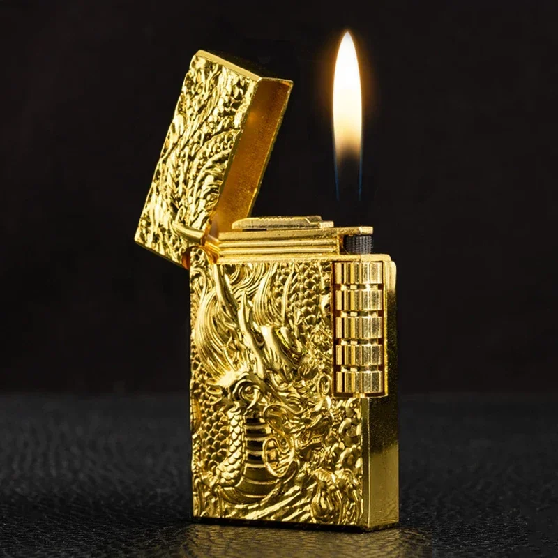 Fire Starting Kit - ドラゴンガスフリントライター,グラインダージェット,膨らませたブタンメタル,エンボス加工,明るい音,シガレットライター