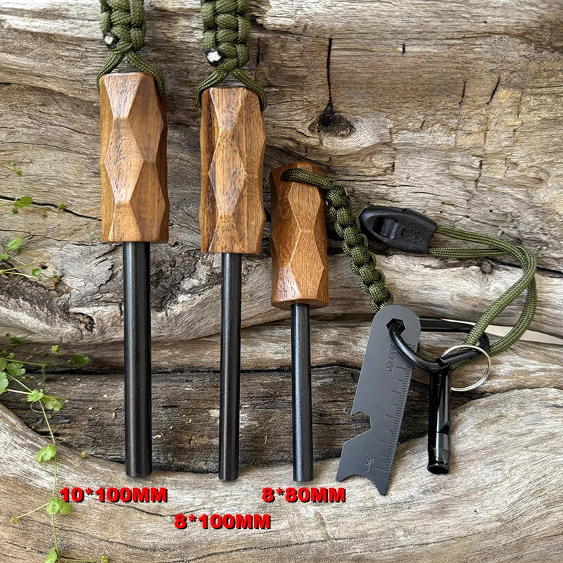 Magnesium Fire Starter - 新しい屋外用フリント式ファイヤースターター、木製ハンドル付き点火器、防水マグネシウム棒、キャンプやハイキング用のサバイバルツール