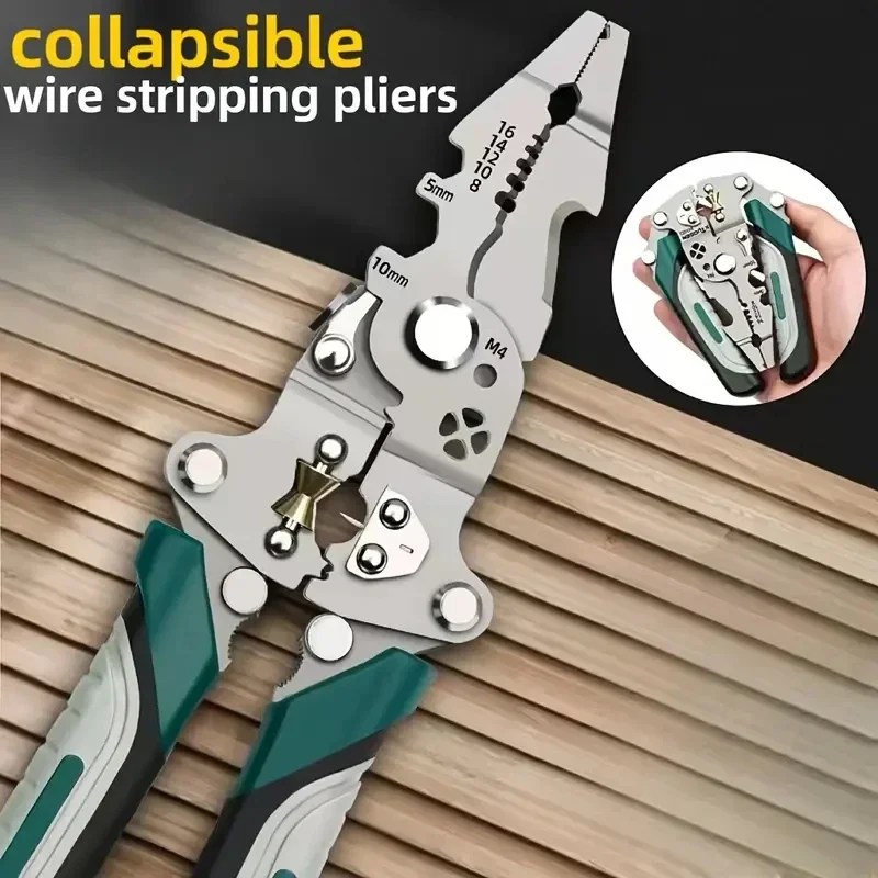 Multi Tool Plier - 新しい折りたたみ式ワイヤーストリッパー、プーリーデザイン多機能電気技師用ワイヤースプリッター、ワイヤー巻き取りプライヤー、圧着プライヤー、ハンドツール