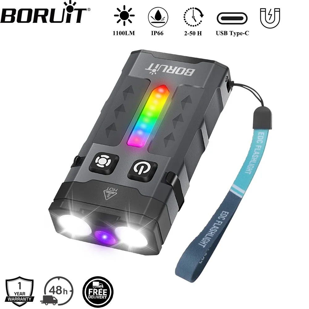 Fishing Kit Compact - BORUiT EV20 1100LM EDC UVキーホルダーLED懐中電灯 タイプC充電式作業灯