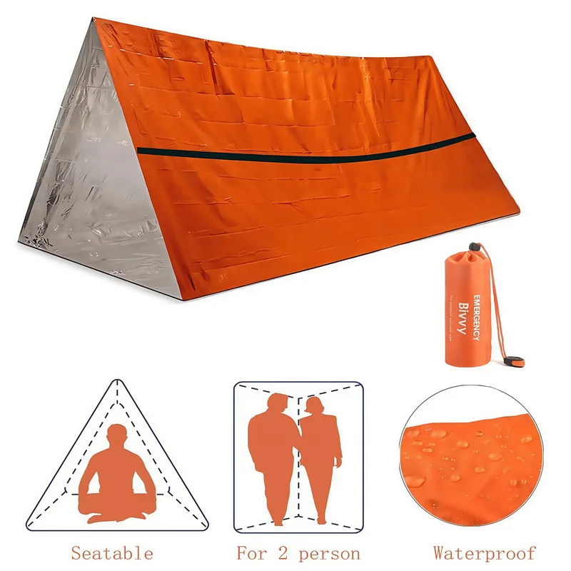 Bivy Bag Emergency - 2人用緊急サバイバルシェルター 防水マイラービビーテント 保温寝袋 再利用可能 SOS屋外救助キット